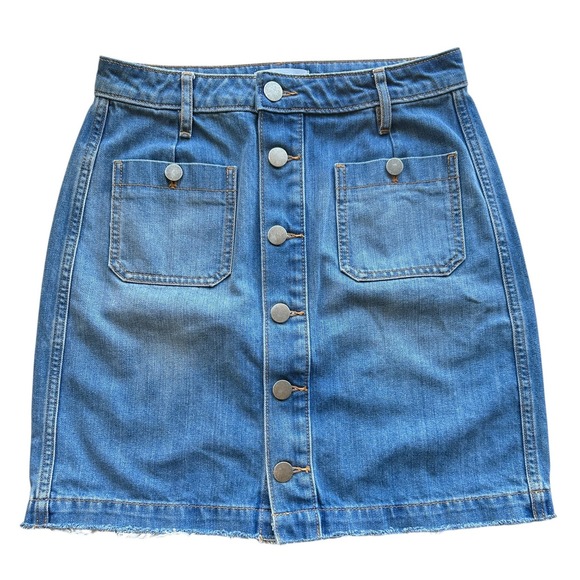 Dresses & Skirts - Ann Taylor LOFT Denim Skirt Blue Button Front Frayed Hem 70s‎ Boho Casual Size 2